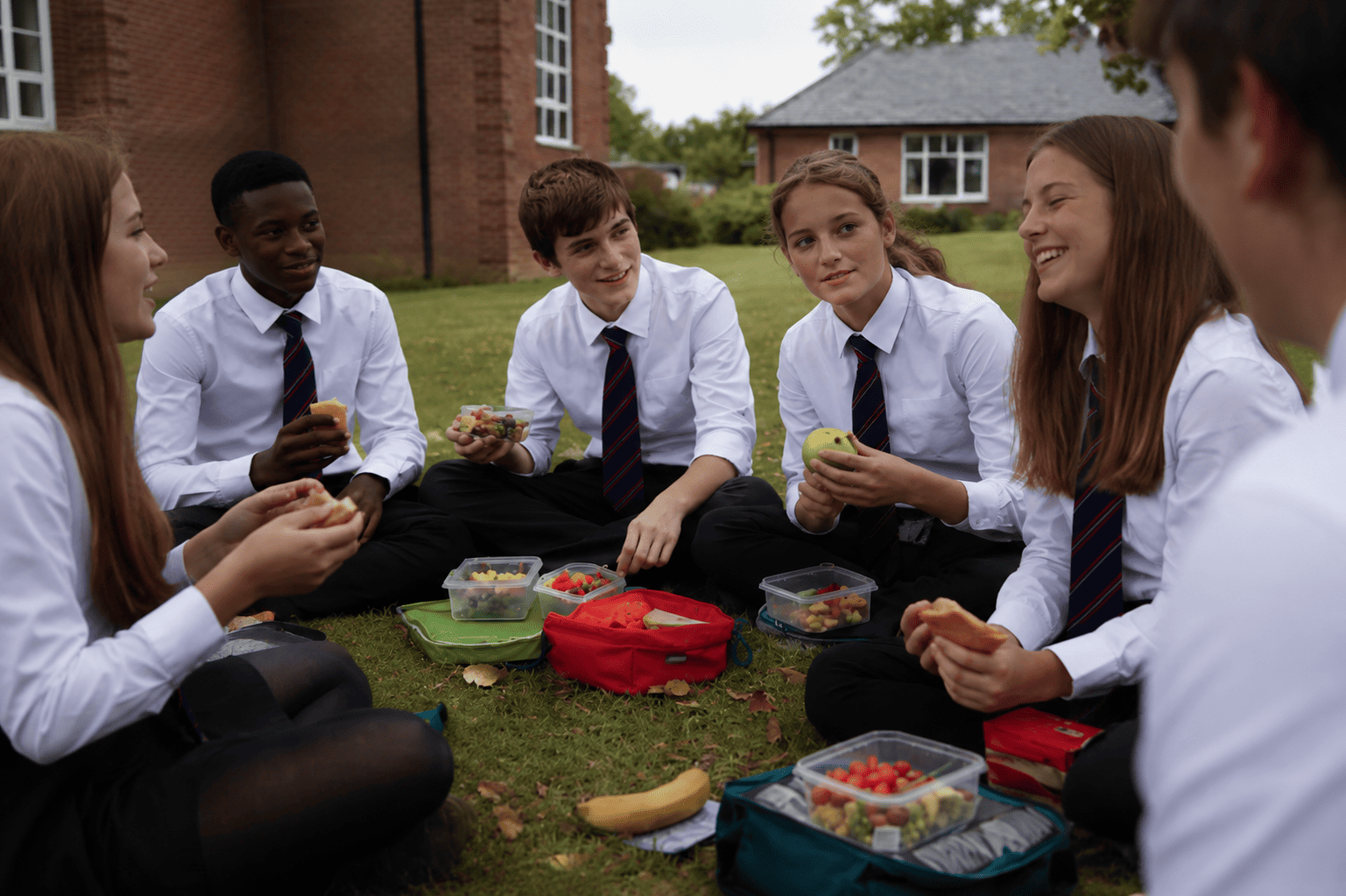 Estudiantes de MUNDI Education con uniforme escolar comparten el almuerzo en el jardín de su colegio en Irlanda durante el curso escolar