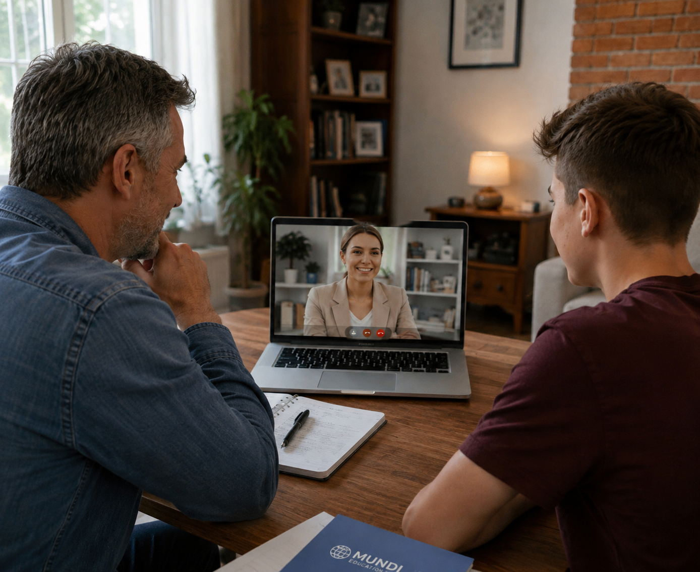 Una familia española en una videollamada de asesoramiento con MUNDI Education