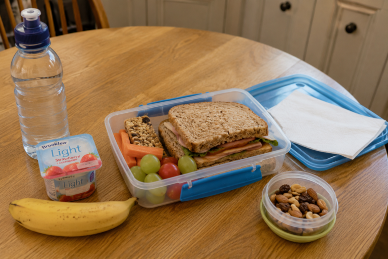 Packed lunch preparado por una familia anfitriona irlandesa con sándwich, fruta y algo de picar