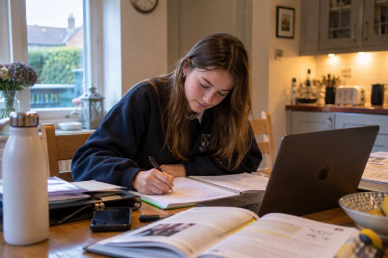 Estudiante haciendo los deberes en la mesa de la cocina de su casa en Irlanda
