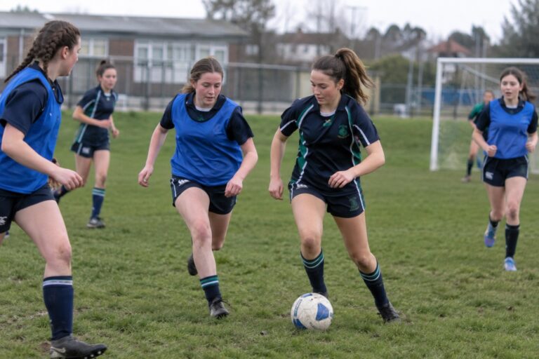 Estudiantes jugando al fútbol en el campo de su colegio en Irlanda