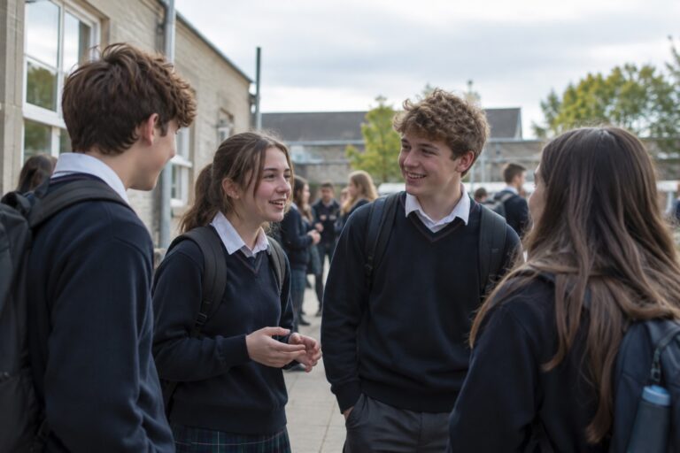 Estudiantes con uniforme charlando en grupo durante un descanso en el patio de su colegio en Irlanda
