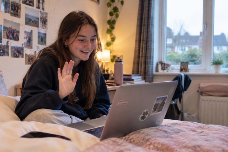 Estudiante saludando en una videollamada desde su habitación en casa de su familia anfitriona en Irlanda