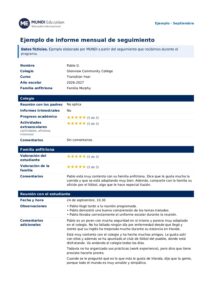 Primera página de un ejemplo de informe mensual de seguimiento de MUNDI Education, con datos ficticios