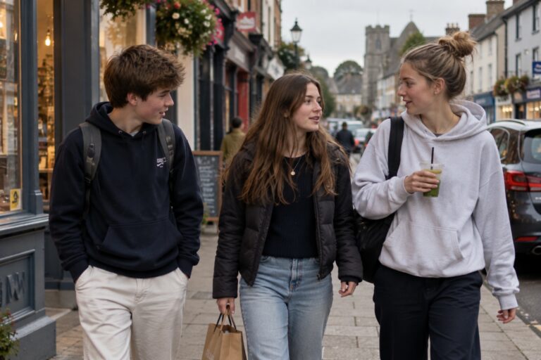 Estudiantes paseando y charlando por la calle de un pueblo de Irlanda un fin de semana
