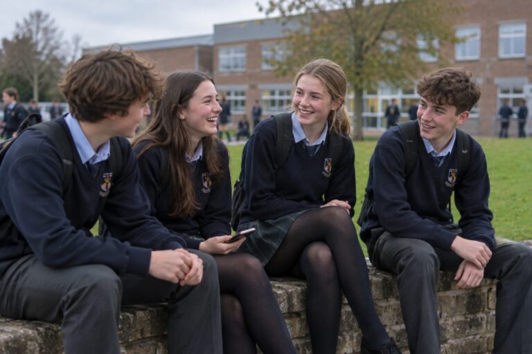 Estudiantes con uniforme charlando sentados en el patio de su colegio en Irlanda