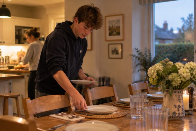 Estudiante poniendo la mesa para la cena en casa de su familia anfitriona en Irlanda