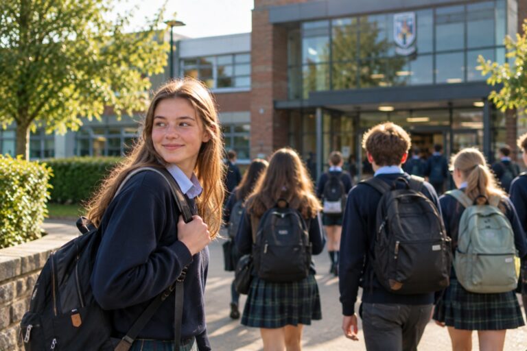 Estudiantes con uniforme y mochila llegando a su colegio en Irlanda el primer día de clase